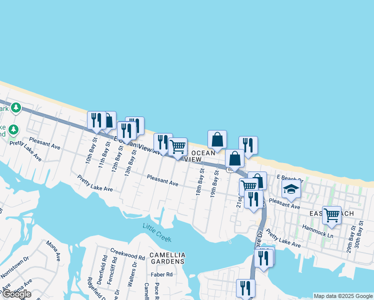 map of restaurants, bars, coffee shops, grocery stores, and more near 3617 Bayside Ave in Norfolk