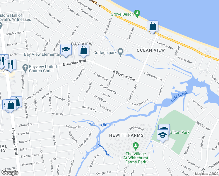 map of restaurants, bars, coffee shops, grocery stores, and more near 8476 Grove Avenue in Norfolk