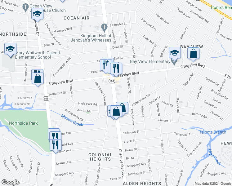 map of restaurants, bars, coffee shops, grocery stores, and more near 8554 Chesapeake Boulevard in Norfolk