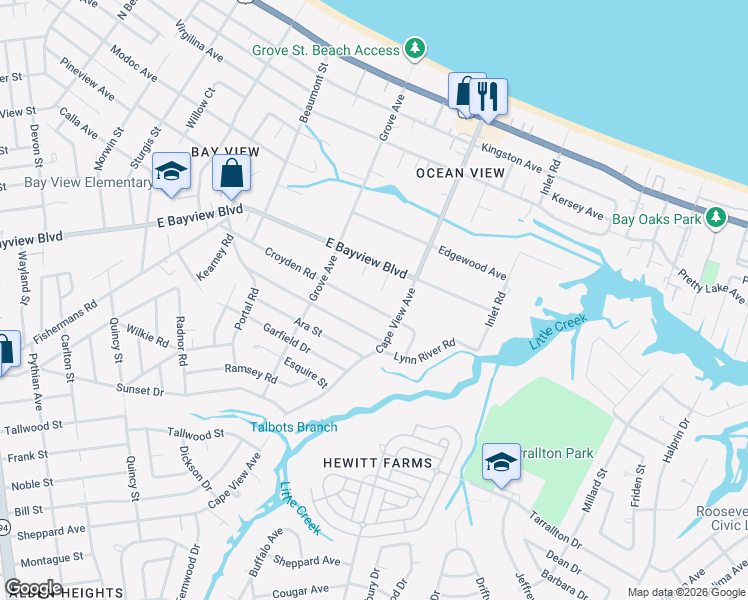 map of restaurants, bars, coffee shops, grocery stores, and more near 1825 Croyden Road in Norfolk
