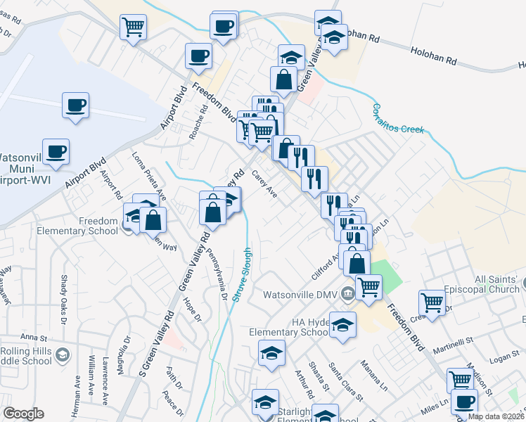 map of restaurants, bars, coffee shops, grocery stores, and more near 60 Davis Avenue in Freedom