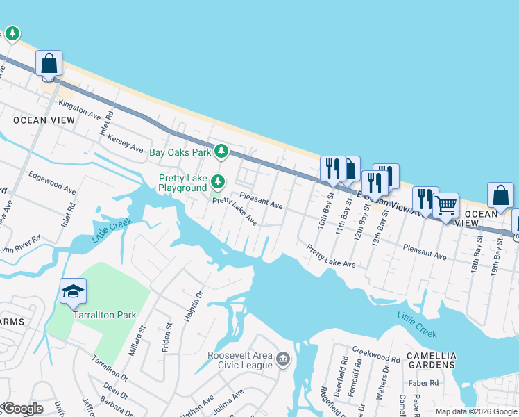 map of restaurants, bars, coffee shops, grocery stores, and more near 2612 Pretty Lake Avenue in Norfolk