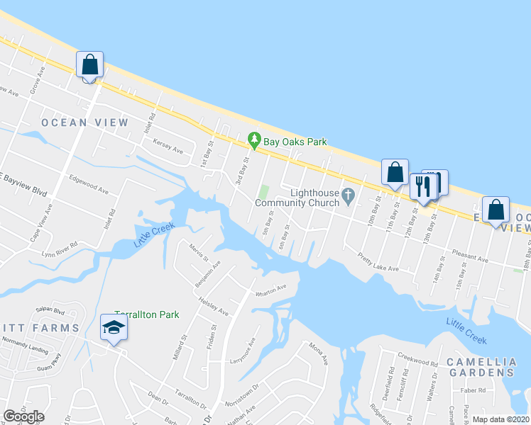 map of restaurants, bars, coffee shops, grocery stores, and more near 9536 5th Bay Street in Norfolk