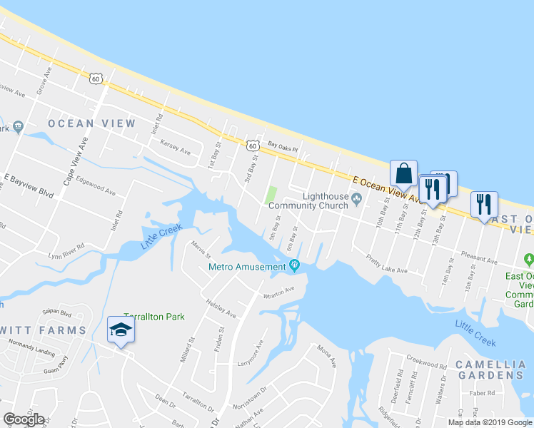 map of restaurants, bars, coffee shops, grocery stores, and more near 9501 4th Bay Street in Norfolk