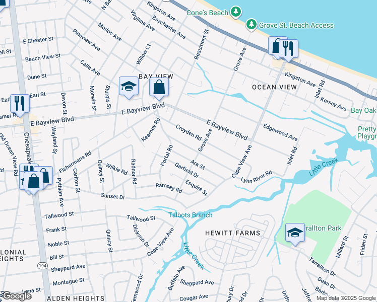 map of restaurants, bars, coffee shops, grocery stores, and more near 1625 Broadfield Road in Norfolk