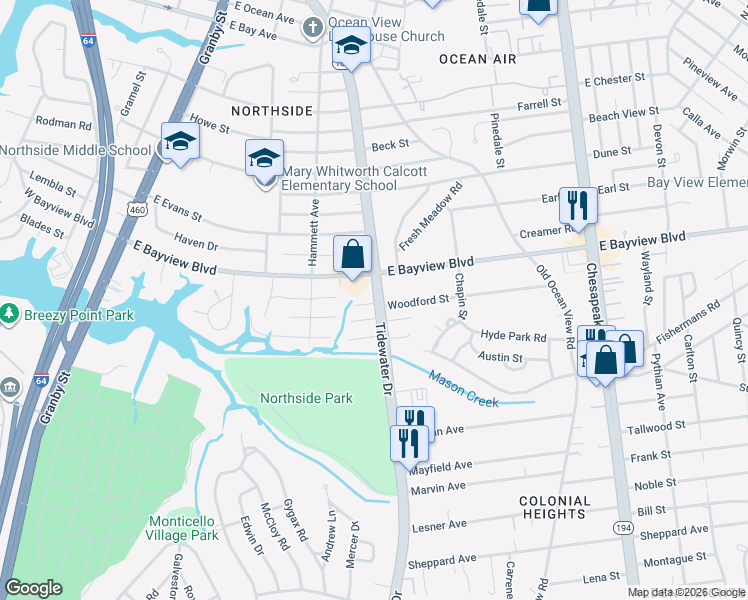 map of restaurants, bars, coffee shops, grocery stores, and more near 8565 Tidewater Drive in Norfolk