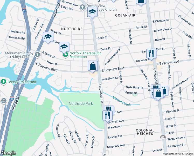 map of restaurants, bars, coffee shops, grocery stores, and more near 8565 Tidewater Drive in Norfolk
