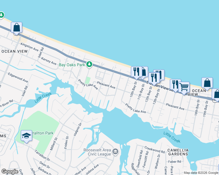 map of restaurants, bars, coffee shops, grocery stores, and more near 2720 Pretty Lake Avenue in Norfolk