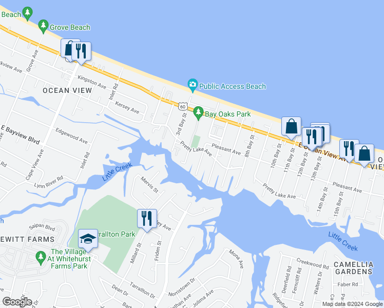 map of restaurants, bars, coffee shops, grocery stores, and more near 9501 4th Bay Street in Norfolk