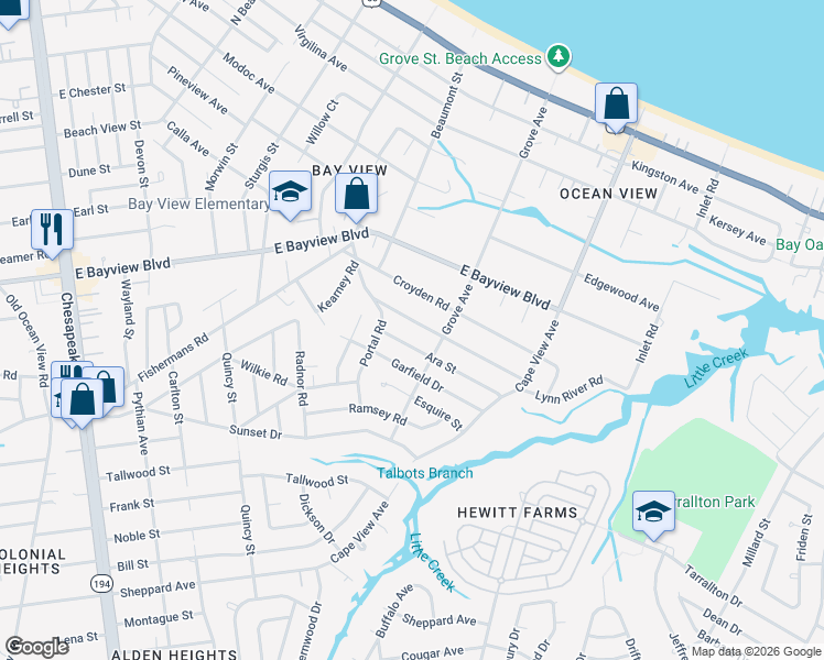 map of restaurants, bars, coffee shops, grocery stores, and more near 1617 Ara Street in Norfolk