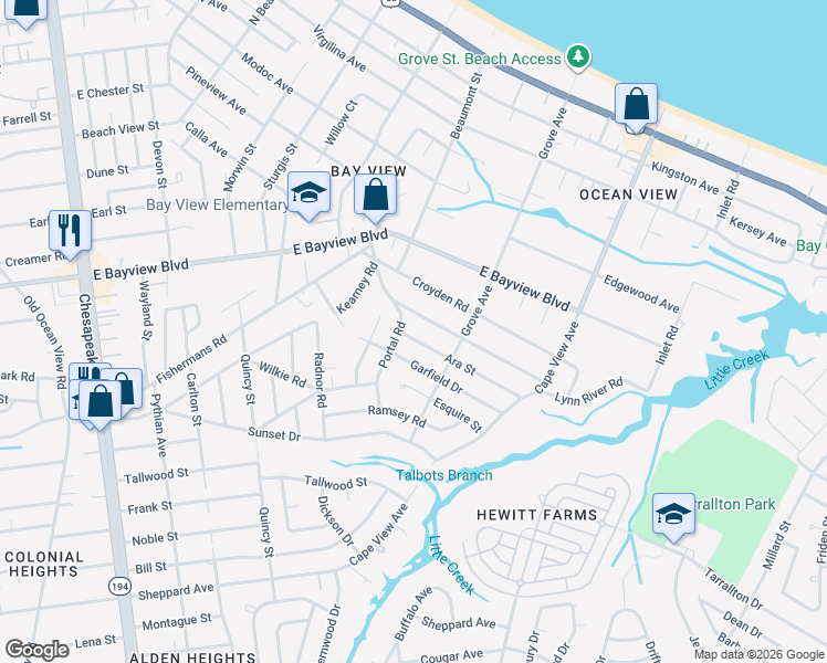 map of restaurants, bars, coffee shops, grocery stores, and more near 1617 Ara Street in Norfolk