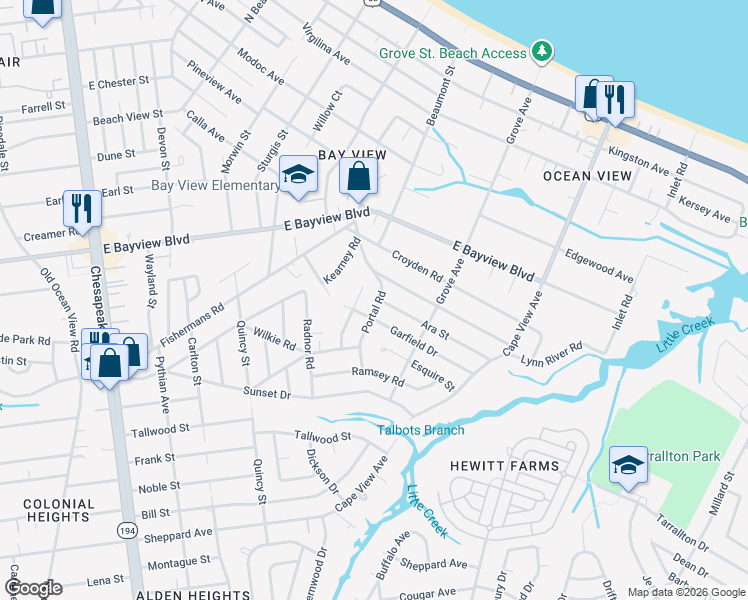 map of restaurants, bars, coffee shops, grocery stores, and more near 8447 Portal Road in Norfolk