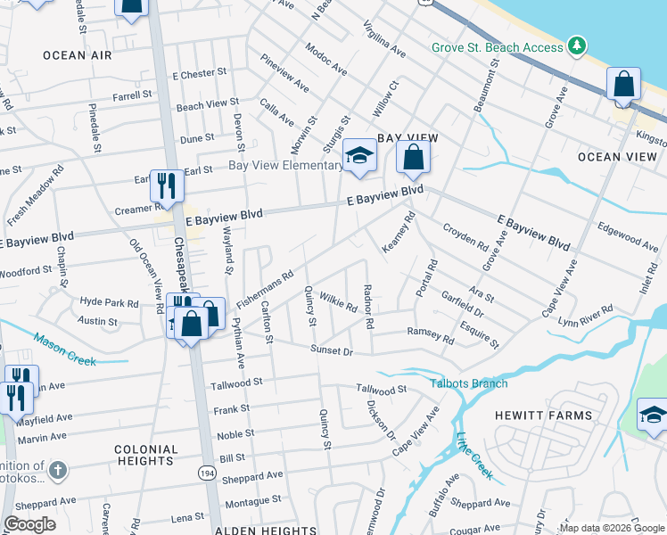 map of restaurants, bars, coffee shops, grocery stores, and more near 1351 Jenifer Street in Norfolk