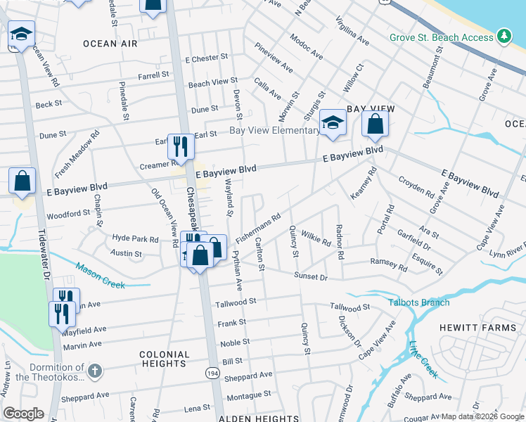map of restaurants, bars, coffee shops, grocery stores, and more near 1320 Fishermans Road in Norfolk