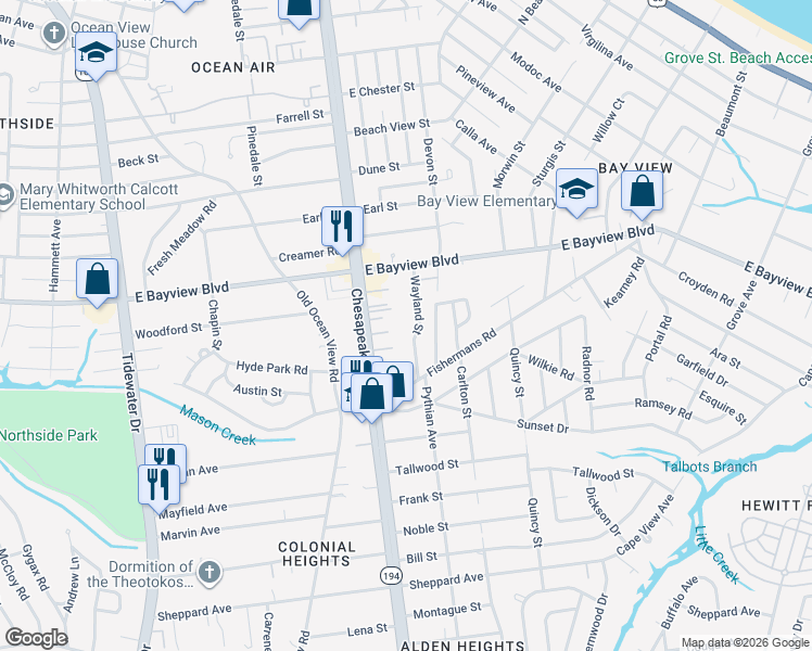 map of restaurants, bars, coffee shops, grocery stores, and more near 8528 Wayland Street in Norfolk