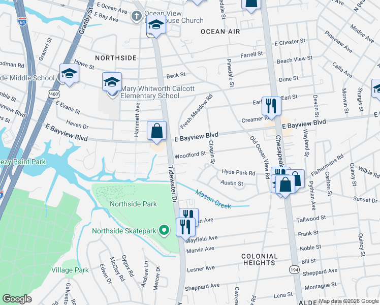 map of restaurants, bars, coffee shops, grocery stores, and more near 421 Woodford Street in Norfolk