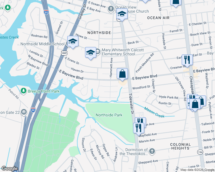 map of restaurants, bars, coffee shops, grocery stores, and more near 264 Louvett Street in Norfolk