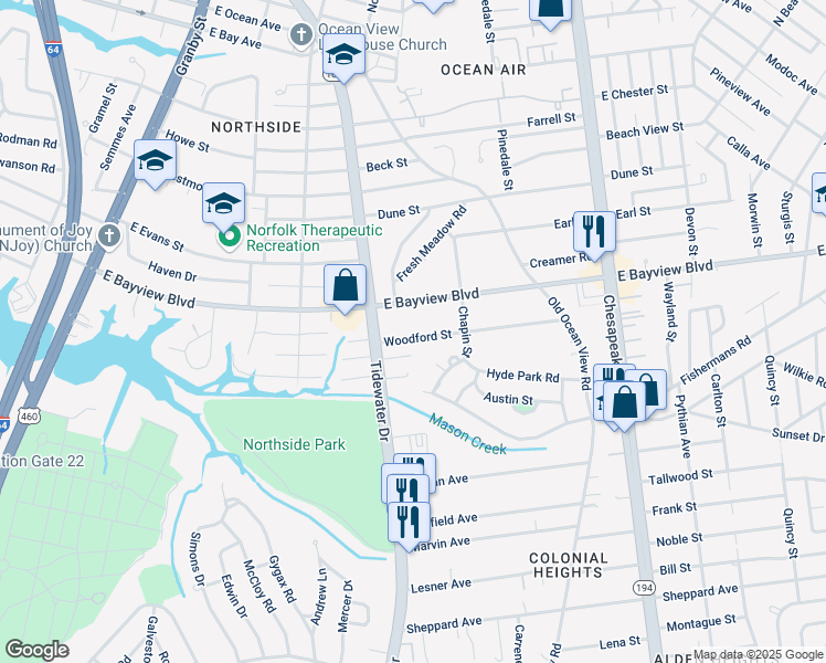 map of restaurants, bars, coffee shops, grocery stores, and more near 430 Woodford Street in Norfolk