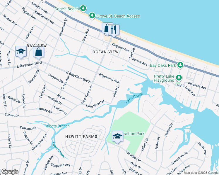 map of restaurants, bars, coffee shops, grocery stores, and more near 1956 East Bayview Boulevard in Norfolk