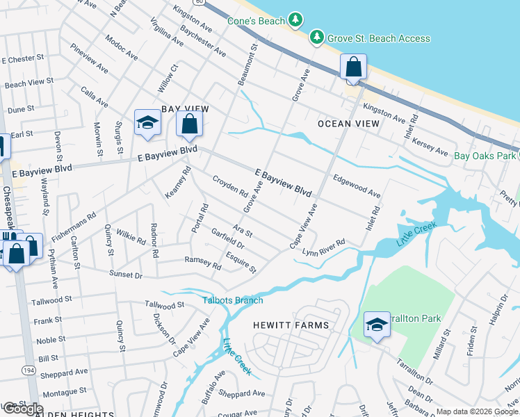 map of restaurants, bars, coffee shops, grocery stores, and more near 1812 Broadfield Road in Norfolk