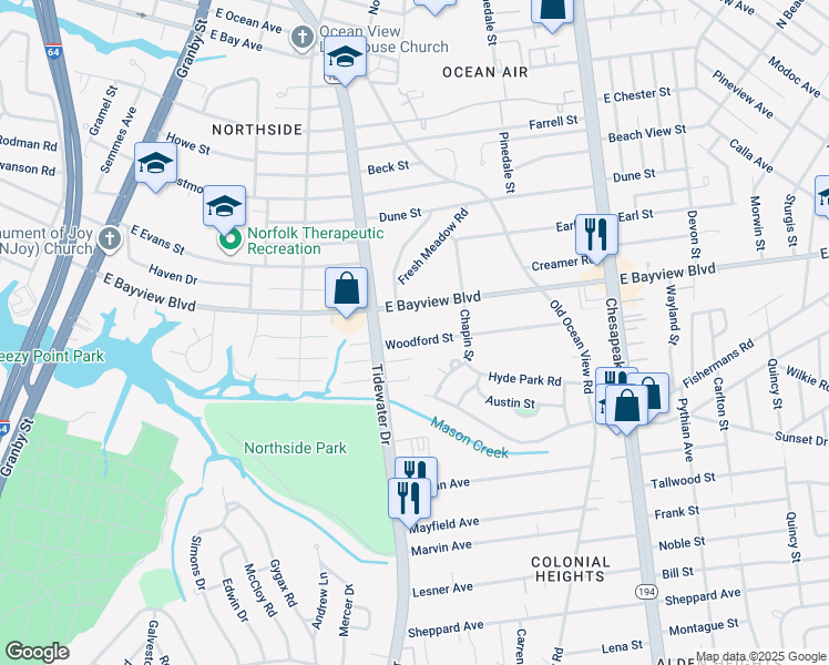 map of restaurants, bars, coffee shops, grocery stores, and more near 430 Woodford Street in Norfolk