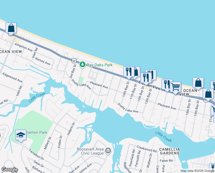 map of restaurants, bars, coffee shops, grocery stores, and more near 2720 Pretty Lake Avenue in Norfolk