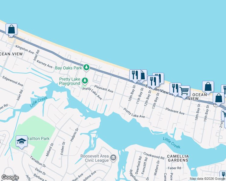 map of restaurants, bars, coffee shops, grocery stores, and more near 2720 Pretty Lake Avenue in Norfolk