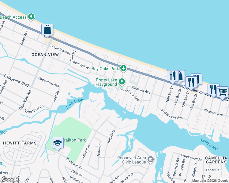 map of restaurants, bars, coffee shops, grocery stores, and more near 9501 4th Bay Street in Norfolk