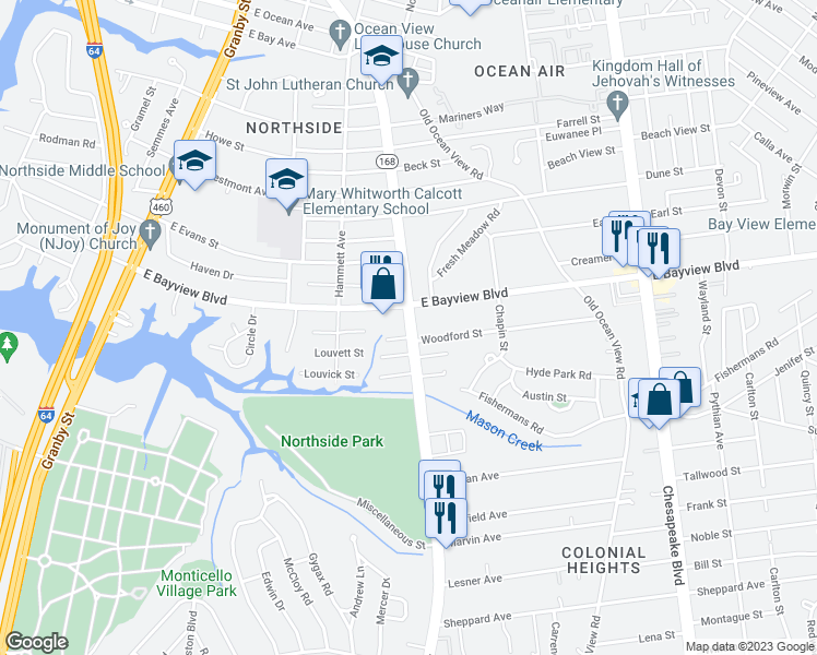 map of restaurants, bars, coffee shops, grocery stores, and more near 8581 Tidewater Drive in Norfolk