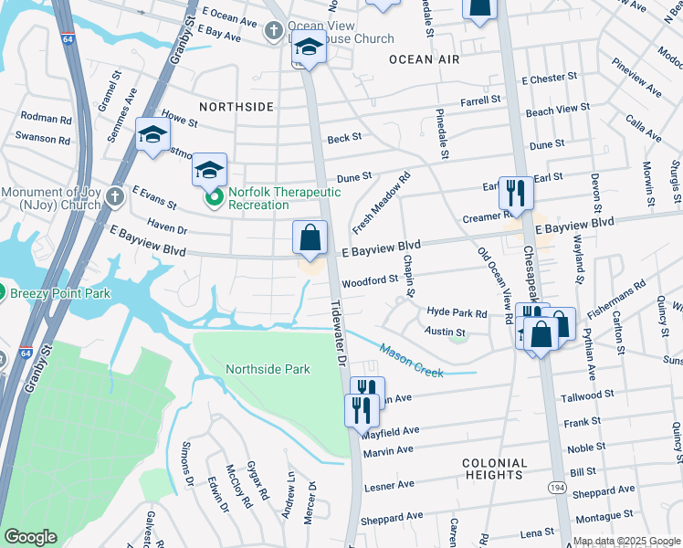map of restaurants, bars, coffee shops, grocery stores, and more near 421 Woodford Street in Norfolk