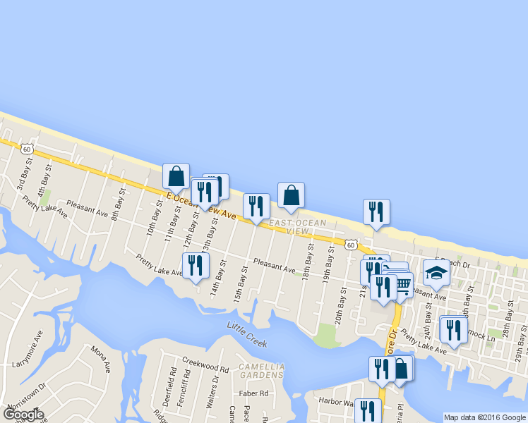 map of restaurants, bars, coffee shops, grocery stores, and more near 3505 Bayside Avenue in Norfolk