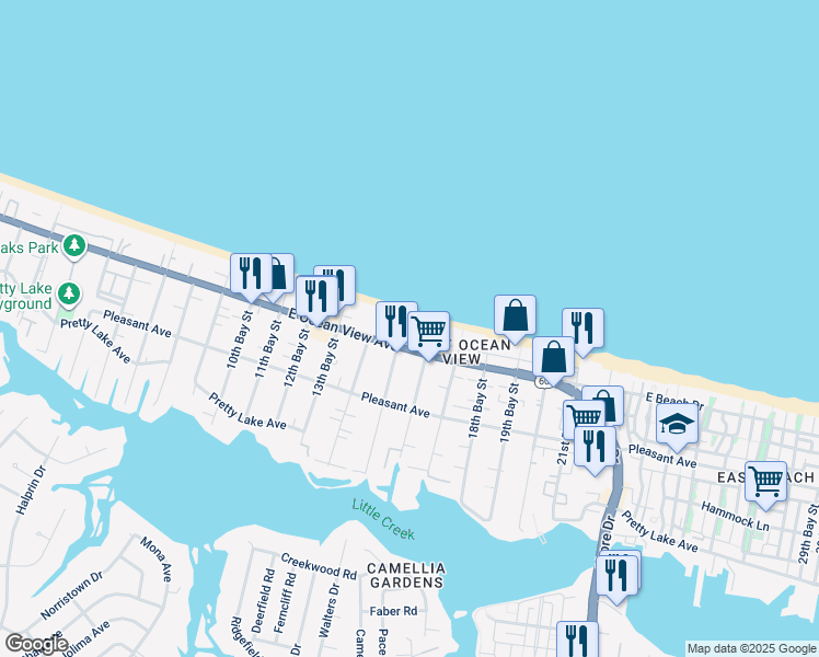 map of restaurants, bars, coffee shops, grocery stores, and more near 3505 Bayside Avenue in Norfolk