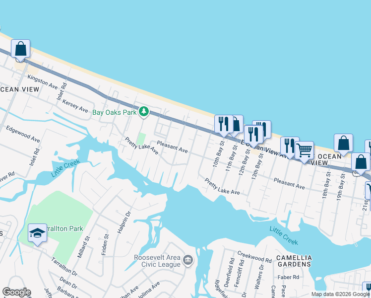 map of restaurants, bars, coffee shops, grocery stores, and more near 2720 Pretty Lake Avenue in Norfolk