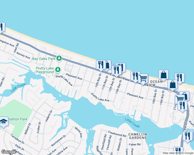 map of restaurants, bars, coffee shops, grocery stores, and more near 9621 10th Bay Street in Norfolk