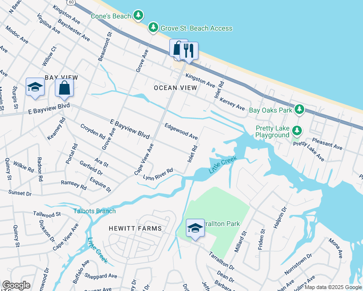 map of restaurants, bars, coffee shops, grocery stores, and more near 1956 East Bayview Boulevard in Norfolk
