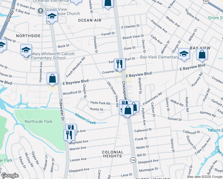map of restaurants, bars, coffee shops, grocery stores, and more near 8555 Old Ocean View Road in Norfolk