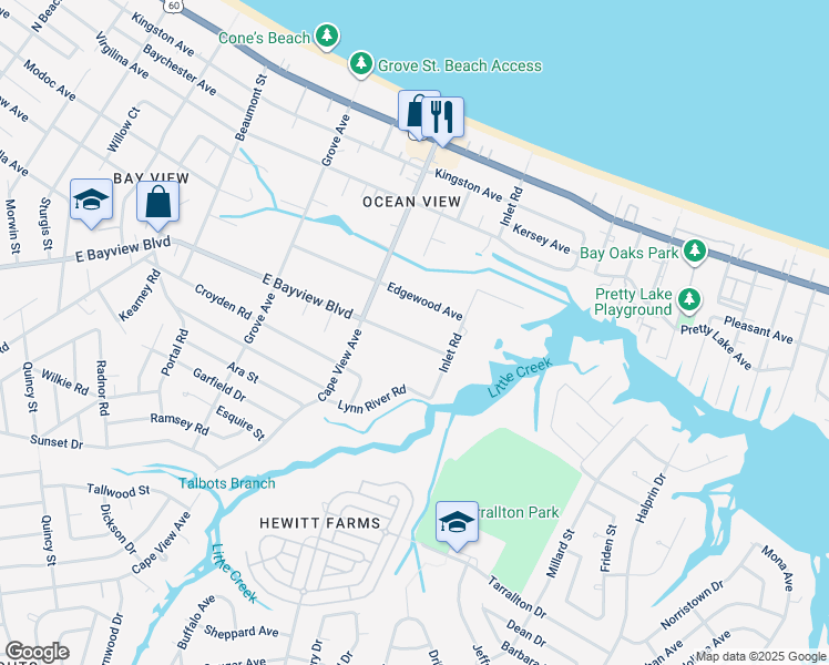 map of restaurants, bars, coffee shops, grocery stores, and more near 1944 East Bayview Boulevard in Norfolk