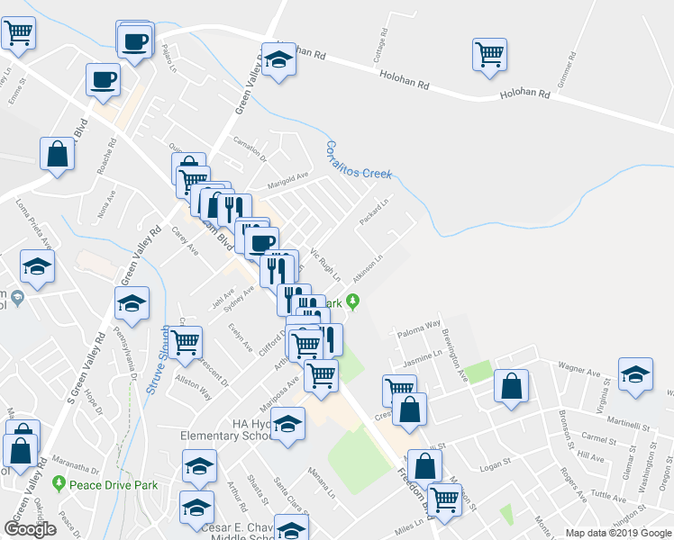 map of restaurants, bars, coffee shops, grocery stores, and more near 11 Sadia Place in Watsonville