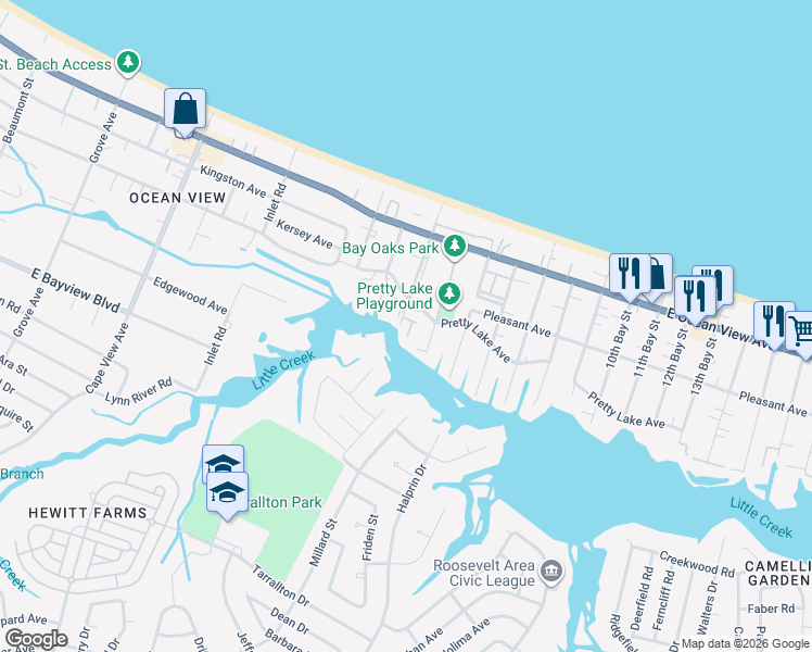 map of restaurants, bars, coffee shops, grocery stores, and more near 2201 Pretty Lake Avenue in Norfolk