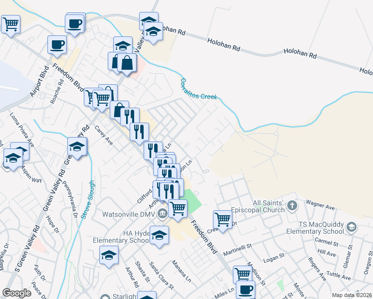 map of restaurants, bars, coffee shops, grocery stores, and more near 11 Sadia Place in Watsonville