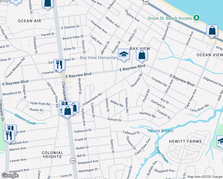 map of restaurants, bars, coffee shops, grocery stores, and more near 1390 Fishermans Road in Norfolk