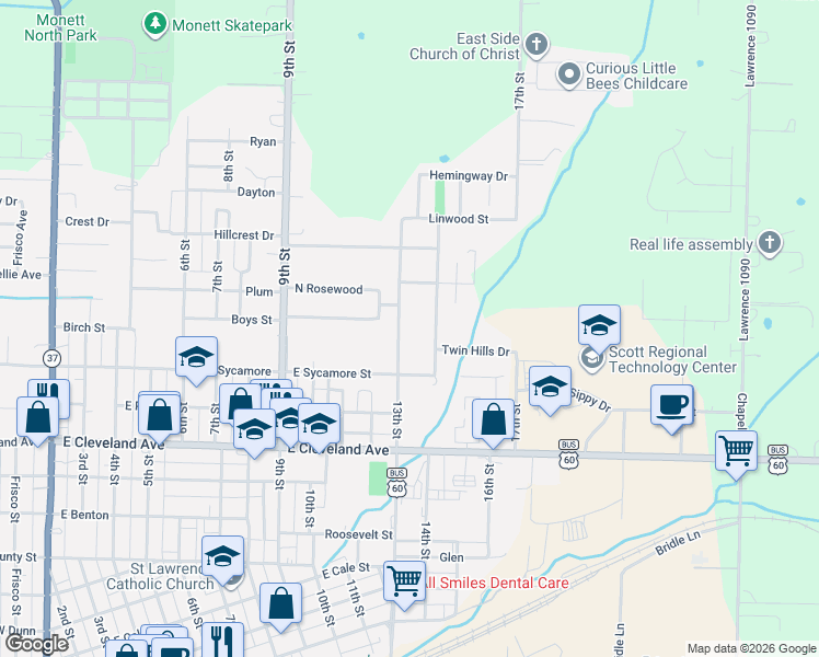 map of restaurants, bars, coffee shops, grocery stores, and more near 1101 13th St in Monett