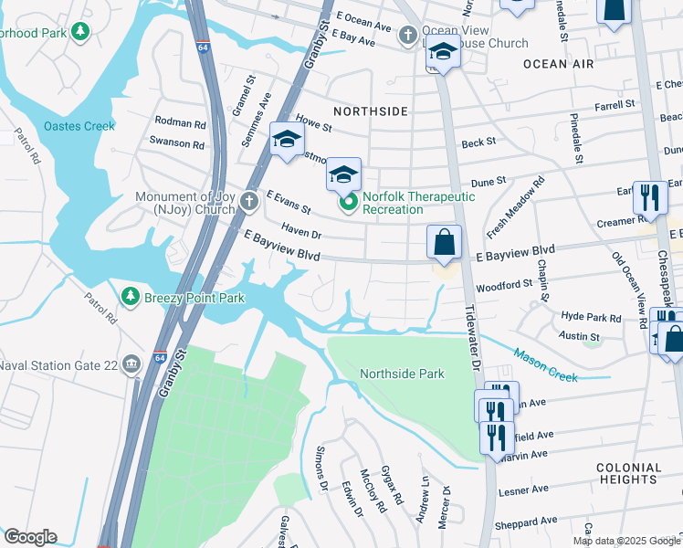 map of restaurants, bars, coffee shops, grocery stores, and more near 8506 Circle Drive in Norfolk