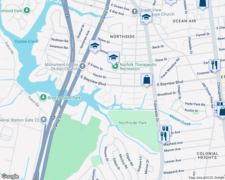map of restaurants, bars, coffee shops, grocery stores, and more near 8506 Circle Drive in Norfolk