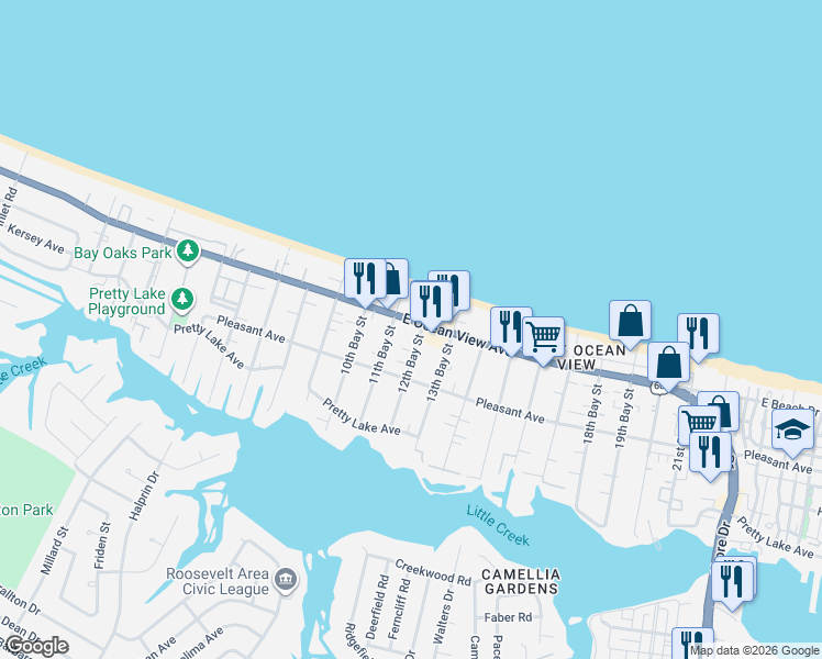 map of restaurants, bars, coffee shops, grocery stores, and more near 3184 East Ocean View Avenue in Norfolk