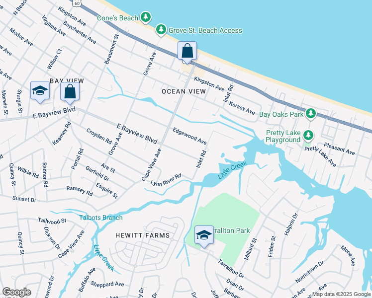 map of restaurants, bars, coffee shops, grocery stores, and more near 1944 East Bayview Boulevard in Norfolk