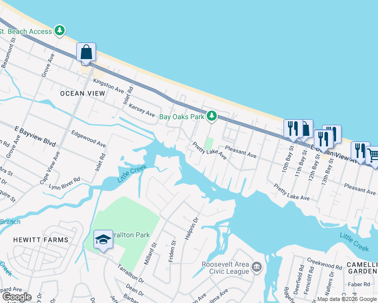 map of restaurants, bars, coffee shops, grocery stores, and more near 2201 Pretty Lake Avenue in Norfolk