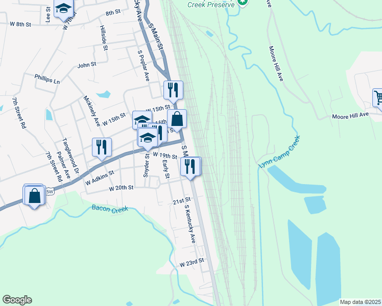 map of restaurants, bars, coffee shops, grocery stores, and more near 1805 South Main Street in Corbin