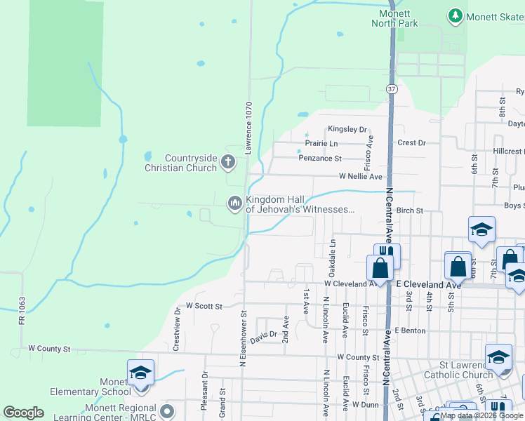 map of restaurants, bars, coffee shops, grocery stores, and more near 411-417 Schulz Avenue in Monett