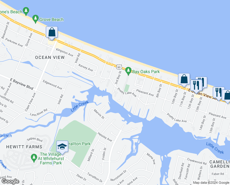 map of restaurants, bars, coffee shops, grocery stores, and more near 9518 3rd Bay Street in Norfolk